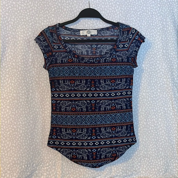 WF Indie Tee shirt, elephant tapestry design with white, blue, & orange. - Picture 1 of 3